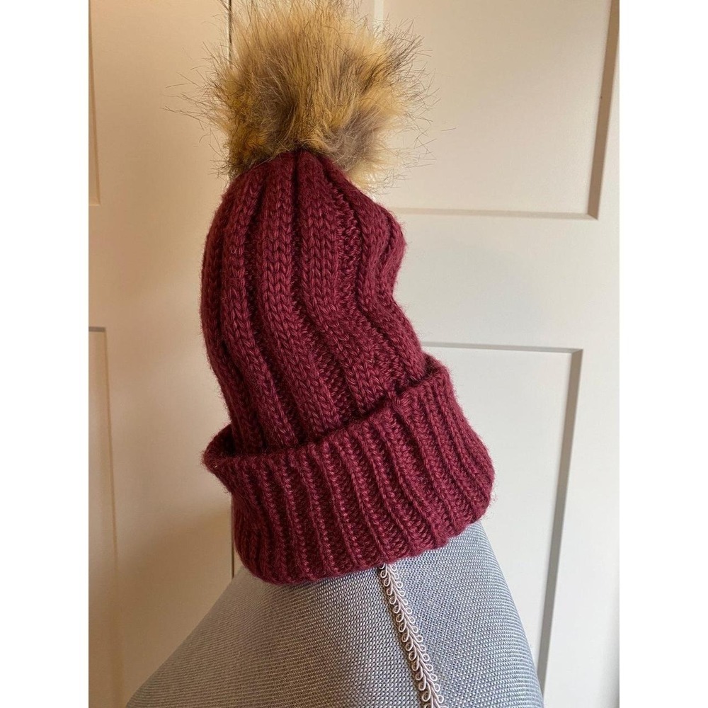 PomPom Beanie Knit Slouchy Fur BCBG OS Hat Outerwear Winter